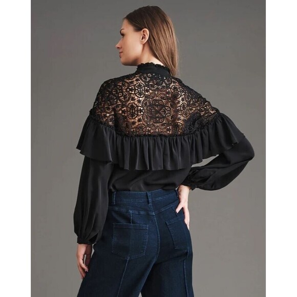 Haute Hippie Kamila Blouse NWT Black Lace Button Down Ruffles Retail $395 Sz S - Picture 3 of 4